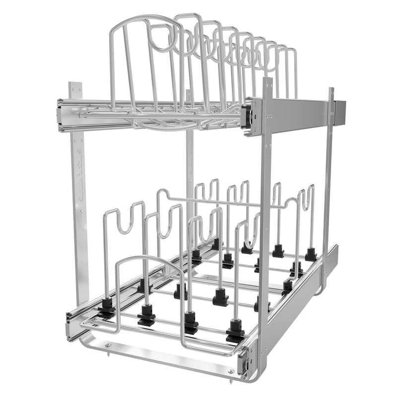STORKING 2-Tier Kitchen Pull out Cabinet Organizer for Pots, Pans, and Lid Cookware, Adjustable Heavy Duty Wire Pan and Pot Rack, Full-Extension Rail