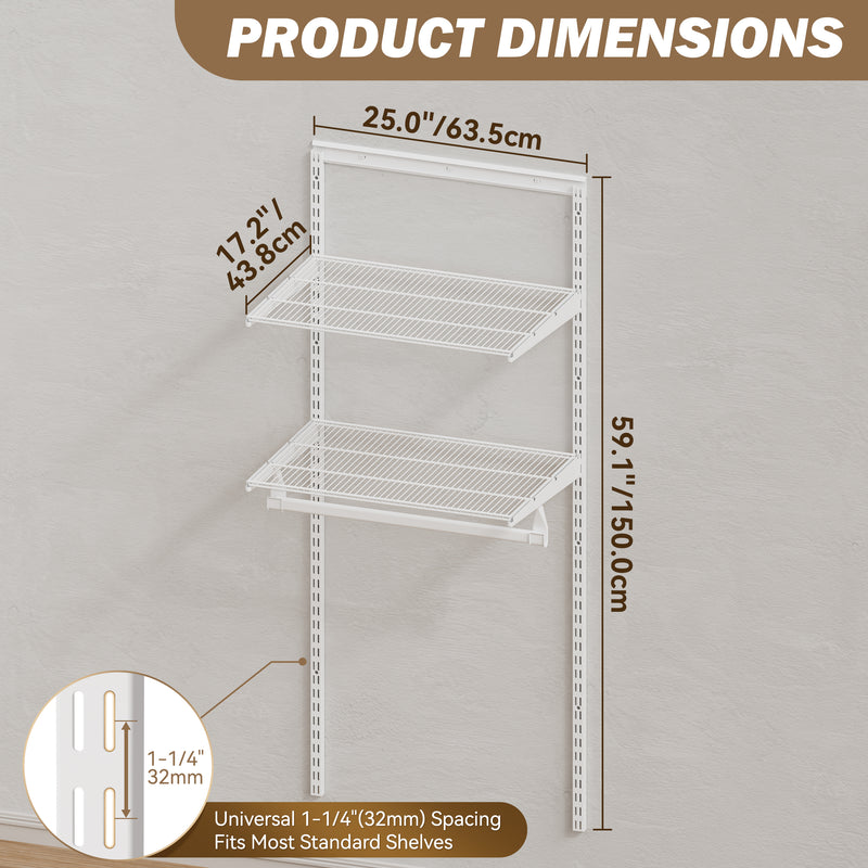 STORKING Closet System Wall Mounted 2 Ft, Heavy Duty Adjustable Wire Shelving with Hanging Rod, Custom Organizer Kit for Bedroom Laundry Mudroom, White