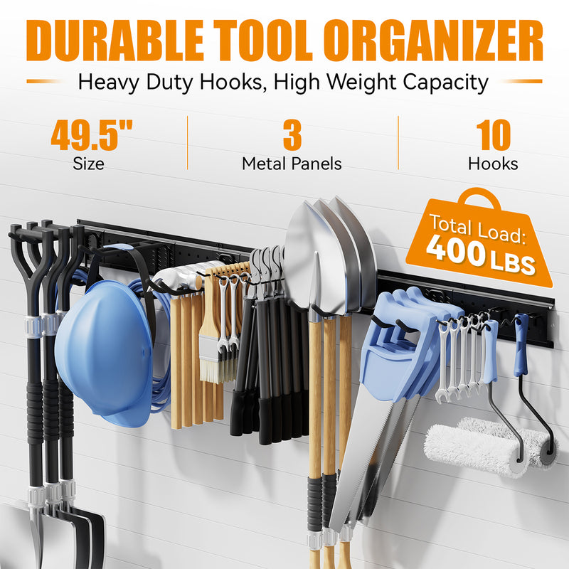 STORKING Garage Tool Organizer Wall Mounted, Heavy Duty Rack with Hooks for Garden Tools