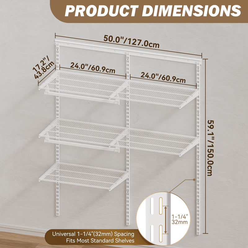 STORKING Closet System Wall Mounted 2 Ft, Heavy Duty Adjustable Wire Shelving with Hanging Rod, Custom Organizer Kit for Bedroom Laundry Mudroom, White