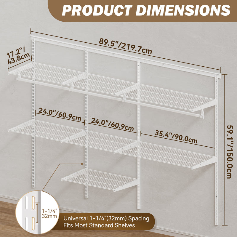 STORKING Closet System Wall Mounted 2 Ft, Heavy Duty Adjustable Wire Shelving with Hanging Rod, Custom Organizer Kit for Bedroom Laundry Mudroom, White