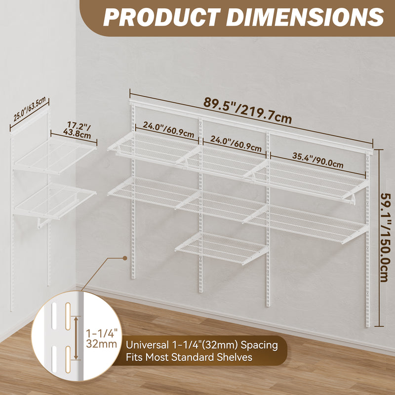STORKING Closet System Wall Mounted 2 Ft, Heavy Duty Adjustable Wire Shelving with Hanging Rod, Custom Organizer Kit for Bedroom Laundry Mudroom, White