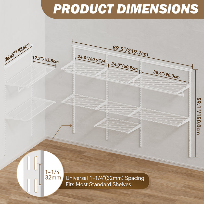 STORKING Closet System Wall Mounted 2 Ft, Heavy Duty Adjustable Wire Shelving with Hanging Rod, Custom Organizer Kit for Bedroom Laundry Mudroom, White