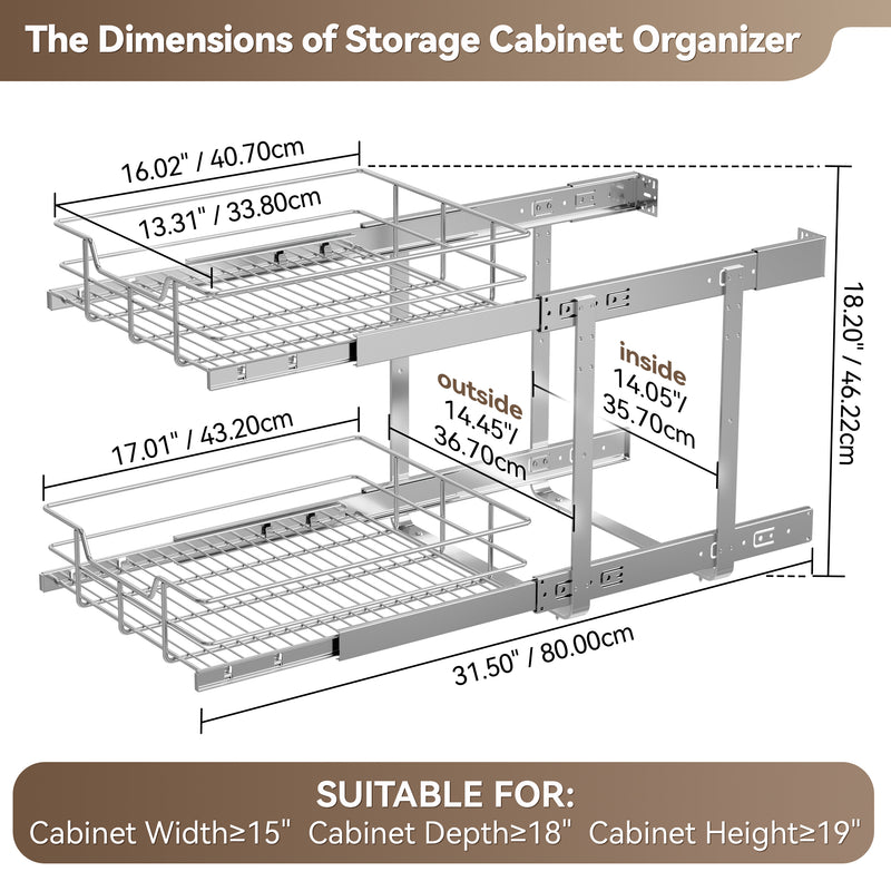 STORKING Pull Out Cabinet Organizer , Slide Out Drawers For Kitchen Organizers and Storage,Chrome-Plated