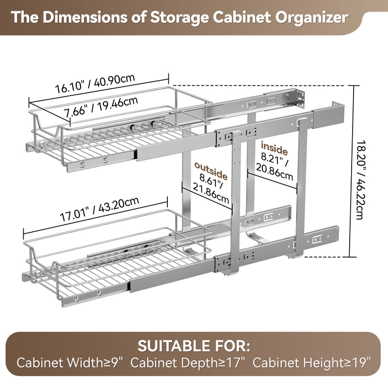 STORKING Pull Out Cabinet Organizer , Slide Out Drawers For Kitchen Organizers and Storage,Chrome-Plated