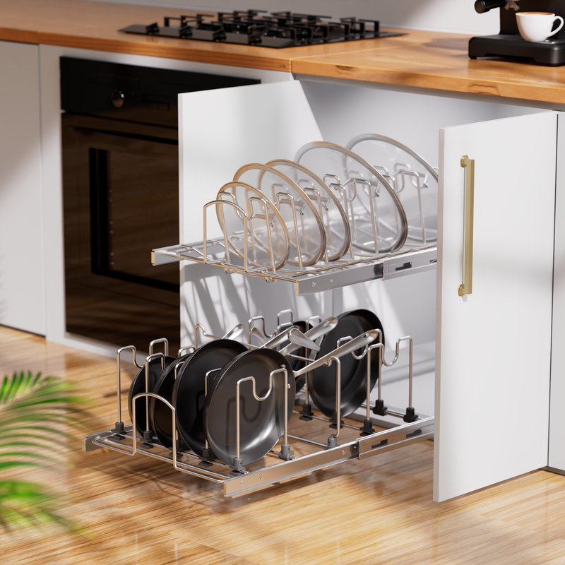 STORKING 2-Tier Kitchen Pull out Cabinet Organizer for Pots, Pans, and Lid Cookware, Adjustable Heavy Duty Wire Pan and Pot Rack, Full-Extension Rail