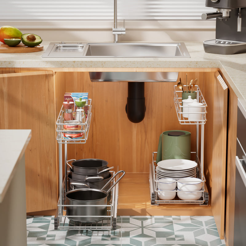 Storking Under Sink Organizer, Pull Out Cabinet Organizer 2 Tier, Under Sink Slide Out Chrome Plated, Under Kitchen Bathroom Organizer, Pantry Cabinet Closet Organization Rack