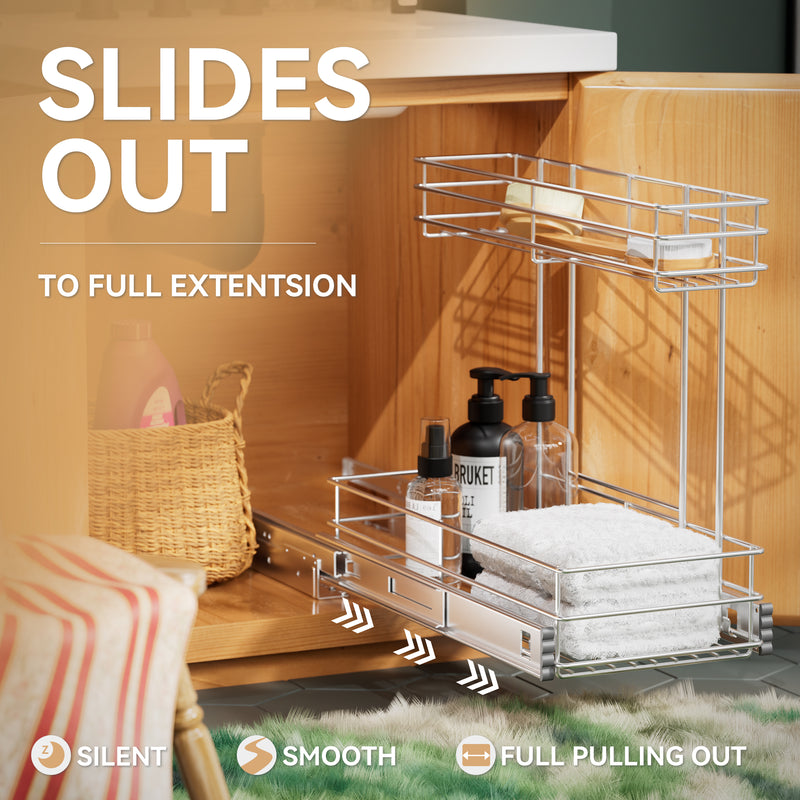 Storking Under Sink Organizer, Pull Out Cabinet Organizer 2 Tier, Under Sink Slide Out Chrome Plated, Under Kitchen Bathroom Organizer, Pantry Cabinet Closet Organization Rack