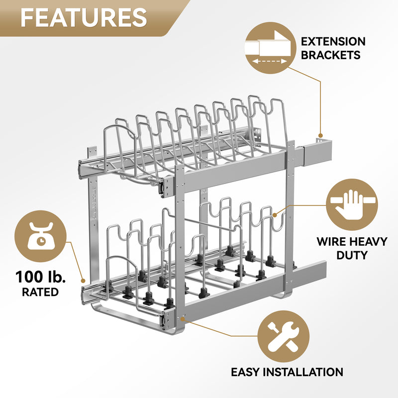 STORKING 2-Tier Kitchen Pull out Cabinet Organizer for Pots, Pans, and Lid Cookware, Adjustable Heavy Duty Wire Pan and Pot Rack, Full-Extension Rail