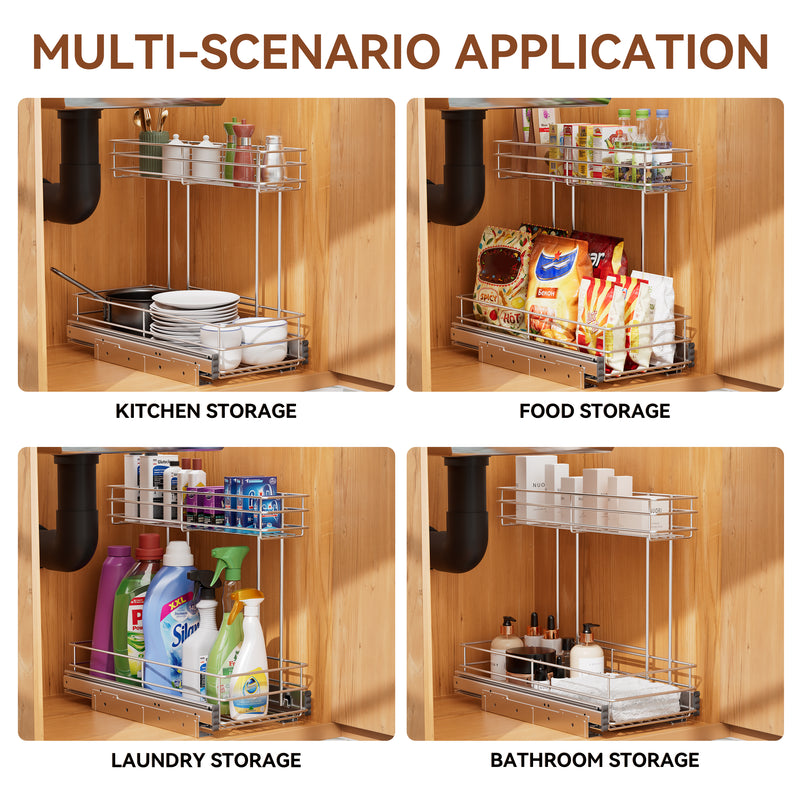 Storking Under Sink Organizer, Pull Out Cabinet Organizer 2 Tier, Under Sink Slide Out Chrome Plated, Under Kitchen Bathroom Organizer, Pantry Cabinet Closet Organization Rack