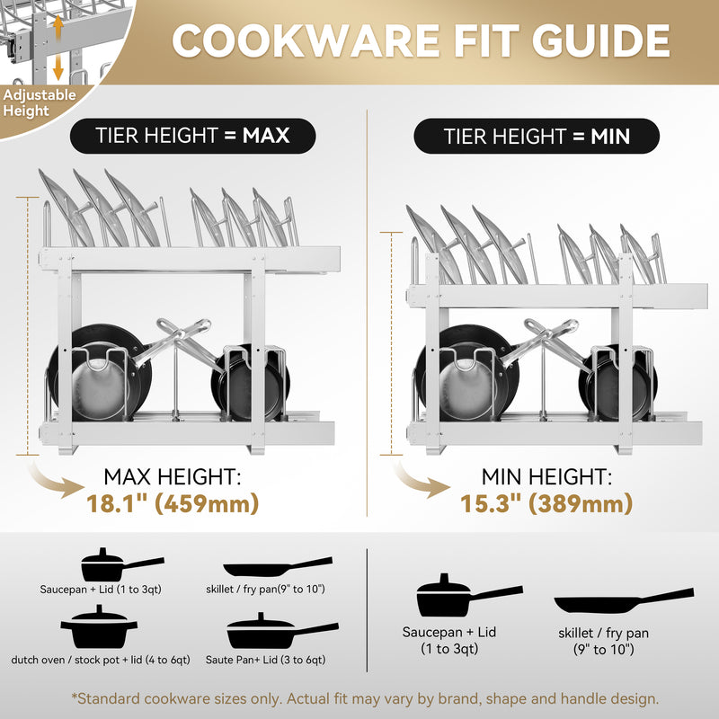 STORKING 2-Tier Kitchen Pull out Cabinet Organizer for Pots, Pans, and Lid Cookware, Adjustable Heavy Duty Wire Pan and Pot Rack, Full-Extension Rail