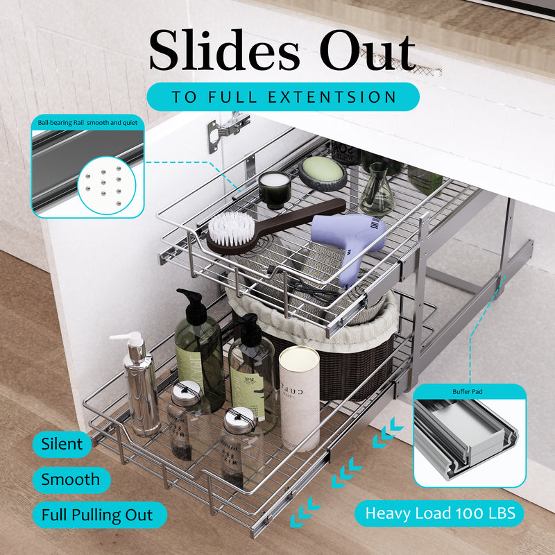 Pull Out Cabinet Organizer , Slide Out Drawers For Kitchen Organizers and Storage, Pull Out Drawers For Cabinets Capacity Heavy Duty Caddy, Cabinet Shelves Chrome-Plated, Bathroom Pantry