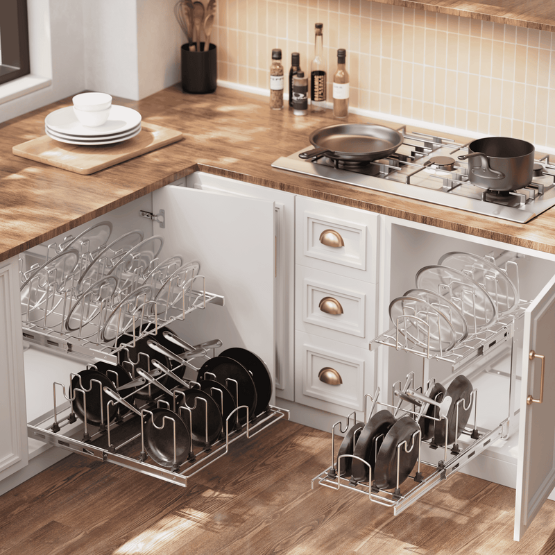 STORKING 2-Tier Kitchen Pull out Cabinet Organizer for Pots, Pans, and Lid Cookware, Adjustable Heavy Duty Wire Pan and Pot Rack, Full-Extension Rail