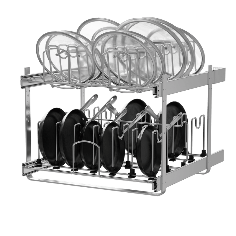 STORKING 2-Tier Kitchen Pull out Cabinet Organizer for Pots, Pans, and Lid Cookware, Adjustable Heavy Duty Wire Pan and Pot Rack, Full-Extension Rail