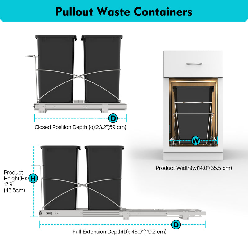 Pull Out Trash Can Under Cabinet,14" Wx22 D Heavy Duty Kitchen Garbage Bin, Soft-Close Full Extension Slides, Slide Out Waste Container for Kitchen Cabinets