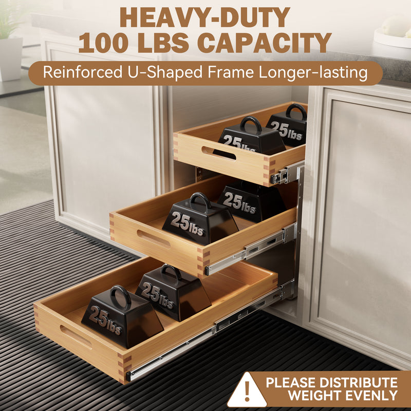 STORKING 2 Tier Pull Out Drawers for Cabinets, Heavy-Duty Slide Out Wood Drawer Shelf, Pull Out Cabinet Organizer 100 lbs Capacity, Base Cabinet Organization for Kitchen, Pantry