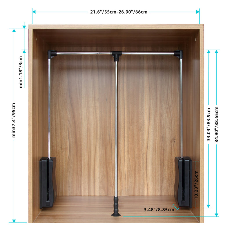 STORKING Pull Down Closet Rod, Adjustable Side Mounted Closet for Kitchen Bedroom High Cabinets, Chrome, Two-Way Buffering Side, Heavy Duty Load Capacity