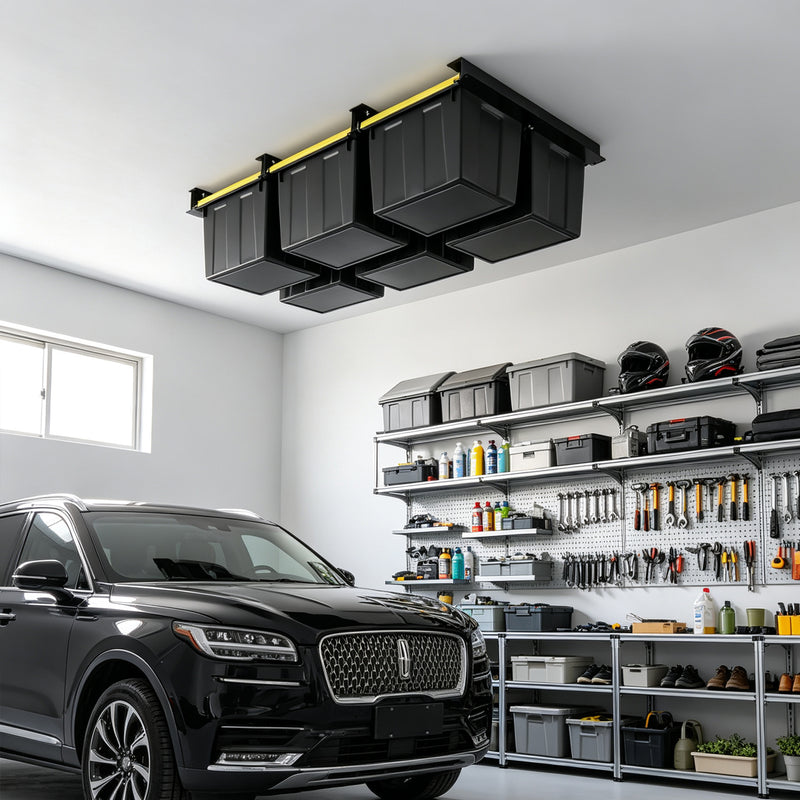 STORKING Ceiling Storage Bin Rack, Overhead Tote Storage Rail System