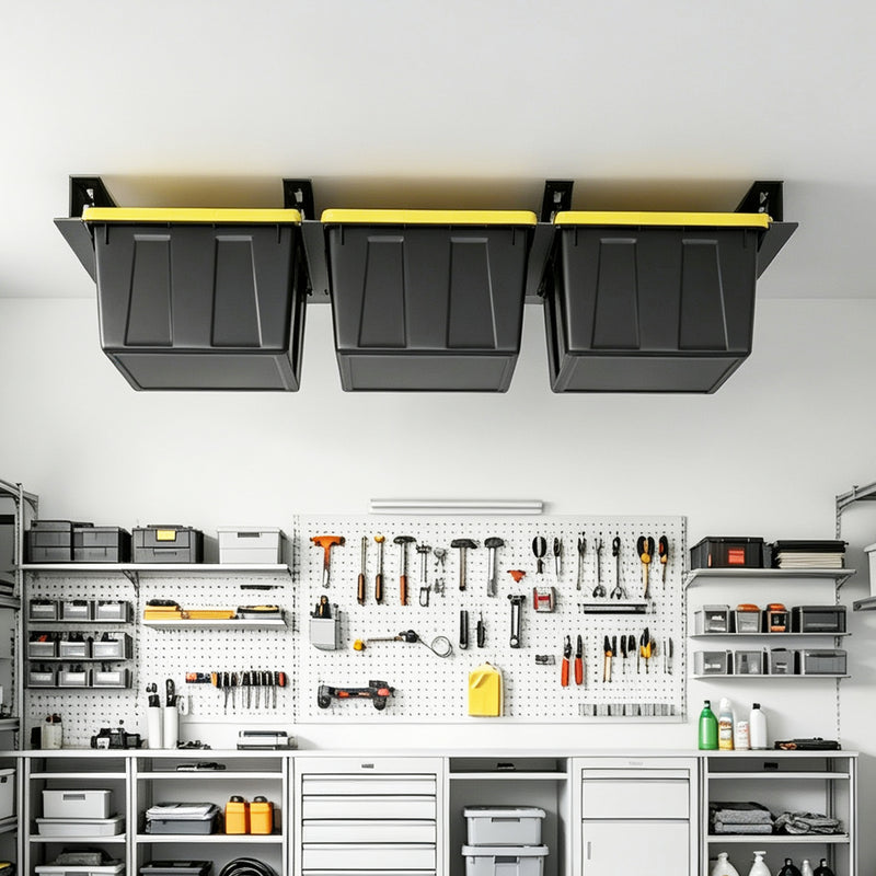 STORKING Ceiling Storage Bin Rack, Overhead Tote Storage Rail System