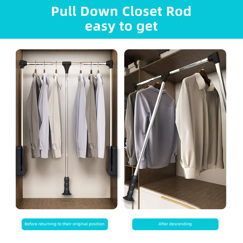 STORKING Pull Down Closet Rod, Adjustable Side Mounted Closet for Kitchen Bedroom High Cabinets, Chrome, Two-Way Buffering Side, Heavy Duty Load Capacity