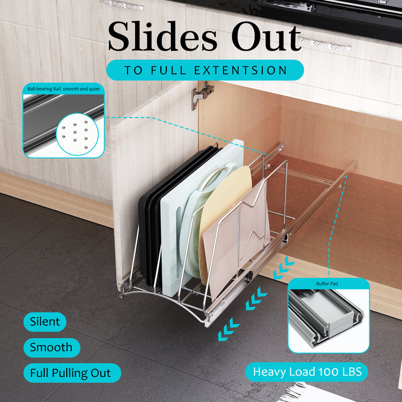 STORKING Pull Out Cookie Sheet Organizer for Cabinet, Pan and Pot, Cutting Board, Bakeware, Tray Organizer Rack, Sliding Rack- Heavy Duty, Adjustable Divider Width, Chrome
