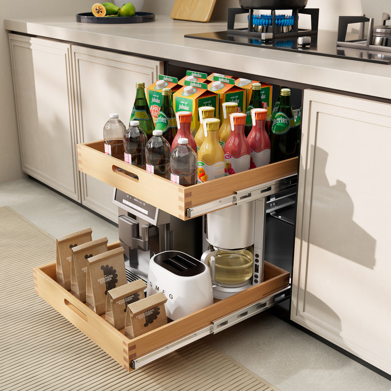 STORKING 2 Tier Pull Out Drawers for Cabinets, Heavy-Duty Slide Out Wood Drawer Shelf, Pull Out Cabinet Organizer 100 lbs Capacity, Base Cabinet Organization for Kitchen, Pantry