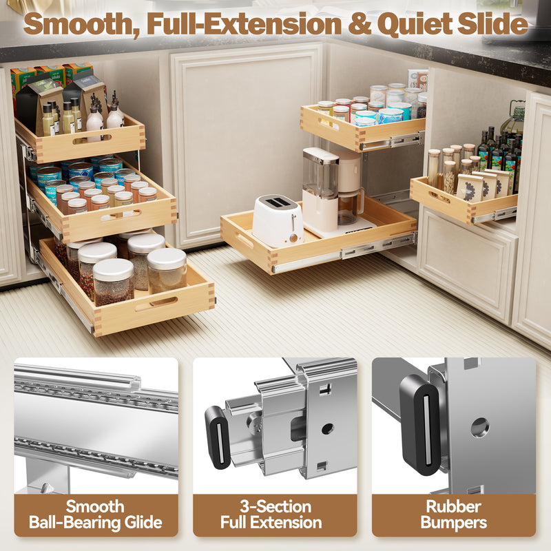 STORKING 2 Tier Pull Out Drawers for Cabinets, Heavy-Duty Slide Out Wood Drawer Shelf, Pull Out Cabinet Organizer 100 lbs Capacity, Base Cabinet Organization for Kitchen, Pantry