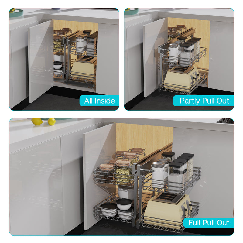 STORKING Blind Corner Cabinet Pull Out 2 Tier, Left & Right Blind Corner Cabinet Organizer, Cabinet Pull Out 4 Shelves, Chrome, Slide Out Drawers for Kitchen or Bathroom Cabinets