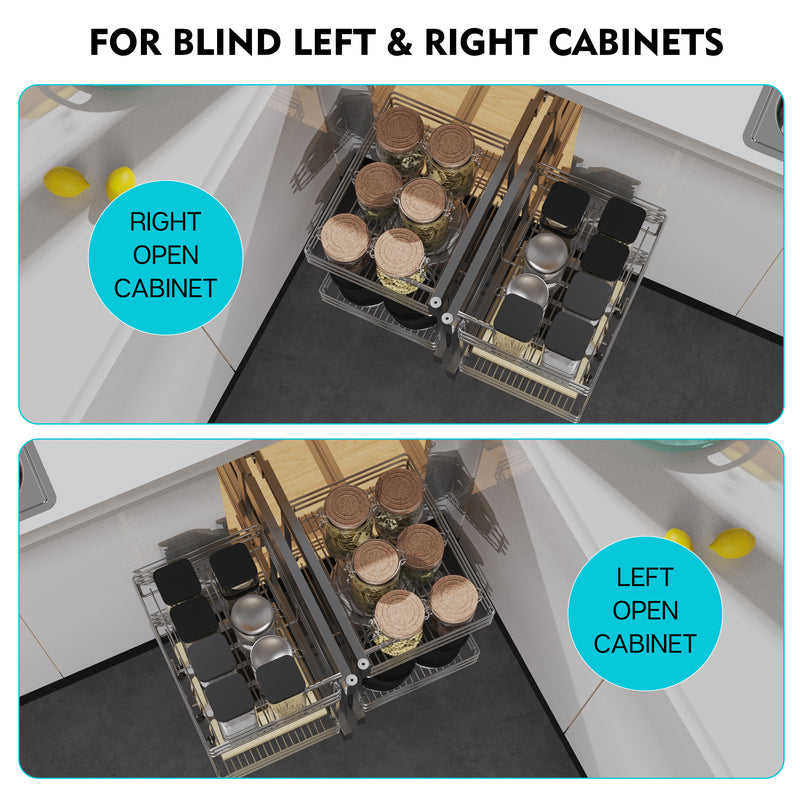 STORKING Blind Corner Cabinet Pull Out 2 Tier, Left & Right Blind Corner Cabinet Organizer, Cabinet Pull Out 4 Shelves, Chrome, Slide Out Drawers for Kitchen or Bathroom Cabinets