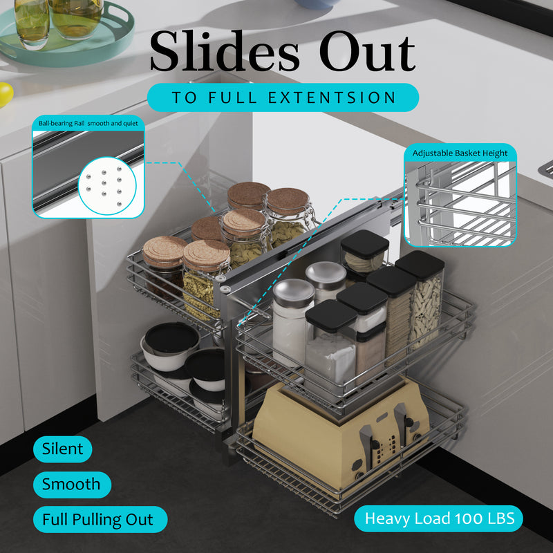 STORKING Blind Corner Cabinet Pull Out 2 Tier, Left & Right Blind Corner Cabinet Organizer, Cabinet Pull Out 4 Shelves, Chrome, Slide Out Drawers for Kitchen or Bathroom Cabinets