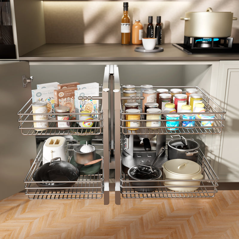 STORKING Blind Corner Cabinet Pull Out 2 Tier, Left & Right Blind Corner Cabinet Organizer, Cabinet Pull Out 4 Shelves, Chrome, Slide Out Drawers for Kitchen or Bathroom Cabinets