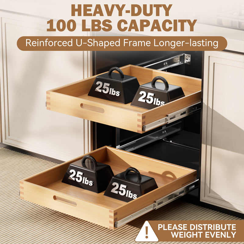 STORKING 2 Tier Pull Out Drawers for Cabinets, Heavy-Duty Slide Out Wood Drawer Shelf, Pull Out Cabinet Organizer 100 lbs Capacity, Base Cabinet Organization for Kitchen, Pantry