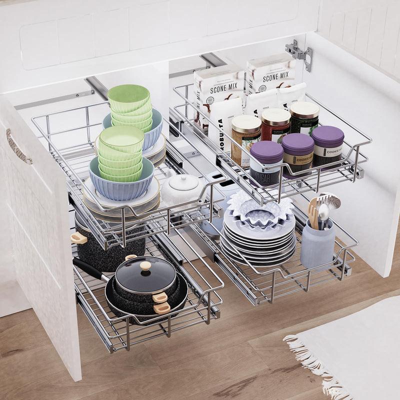 Pull Out Cabinet Organizer , Slide Out Drawers For Kitchen Organizers and Storage, Pull Out Drawers For Cabinets Capacity Heavy Duty Caddy, Cabinet Shelves Chrome-Plated, Bathroom Pantry